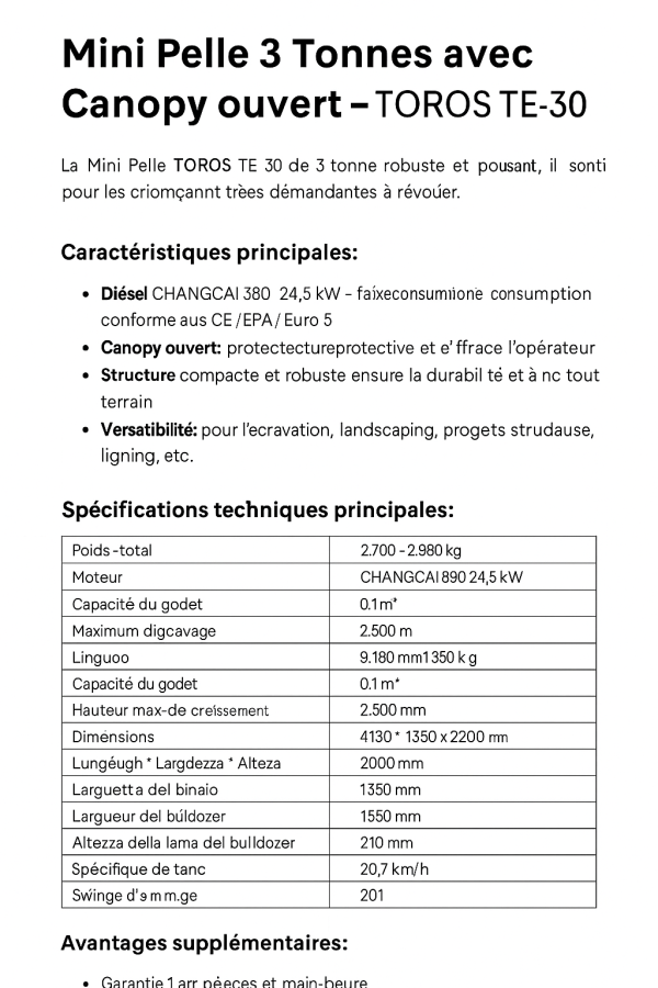 Mini Pelle 3 Tonnes TOROS TE-30 – 19,6 kW | Puissance Pro & Compacte – Image 2